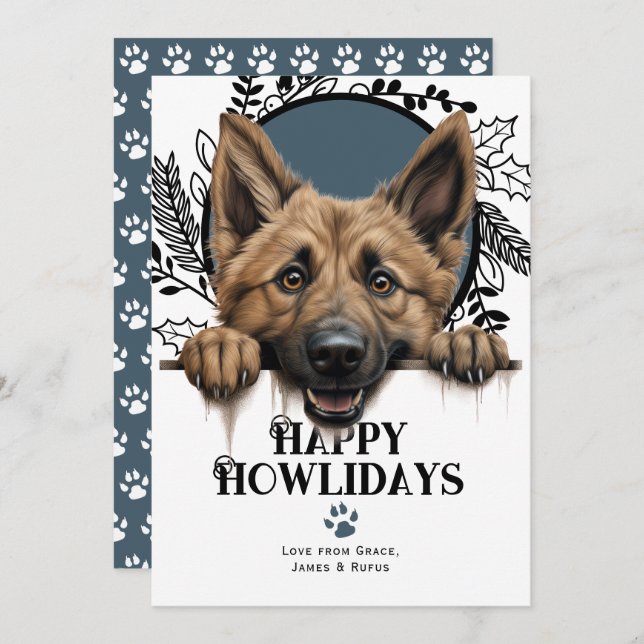 Tarjeta Festiva Felices Howlidays Pastor de Navidades de Perro Bel (Anverso / Reverso)