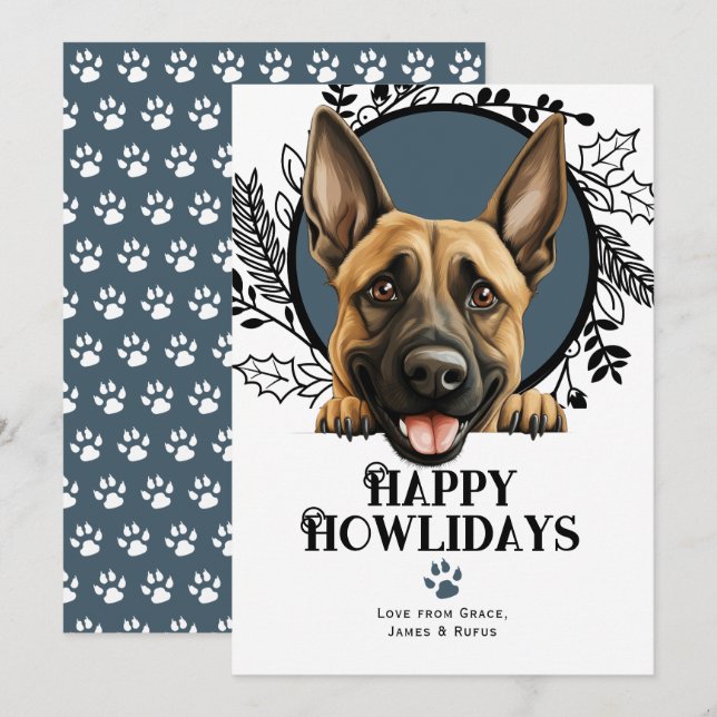 Tarjeta Festiva Felices Howlidays Perro malinois belga Navidades (Anverso / Reverso)