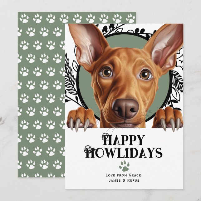Tarjeta Festiva Felices Howlidays Pharaoh Hound Dog Navidades (Anverso / Reverso)