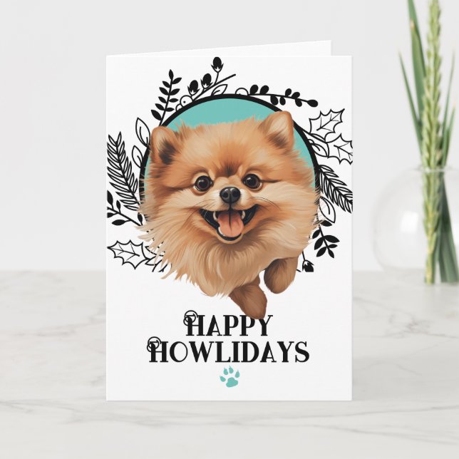 Tarjeta Festiva Felices Howlidays Pomerania Dog Navidades (Anverso)