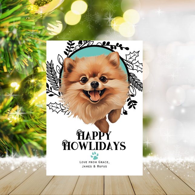 Tarjeta Festiva Felices Howlidays Pomerania Dog Navidades (Happy Howlidays Pomeranian Dog Christmas Holiday Card by Ricaso. Cute dog breed holiday cards)