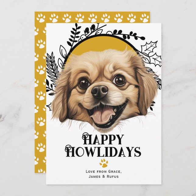 Tarjeta Festiva Felices Howlidays Tibetano Spaniel Dog Navidades (Anverso / Reverso)