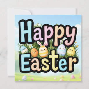 Tarjeta Festiva Felices Huevos de Pascua y Conejillos