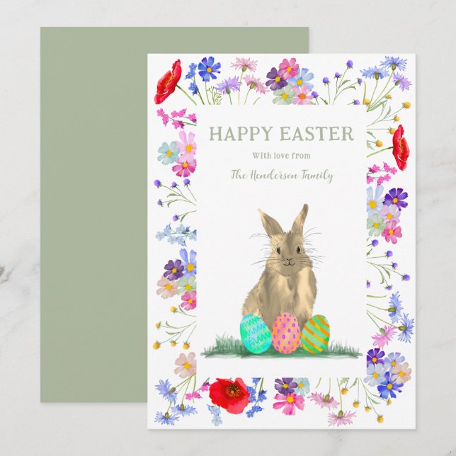 Tarjeta Festiva Felices huevos de Pascua y floral de conejitos (Anverso / Reverso)