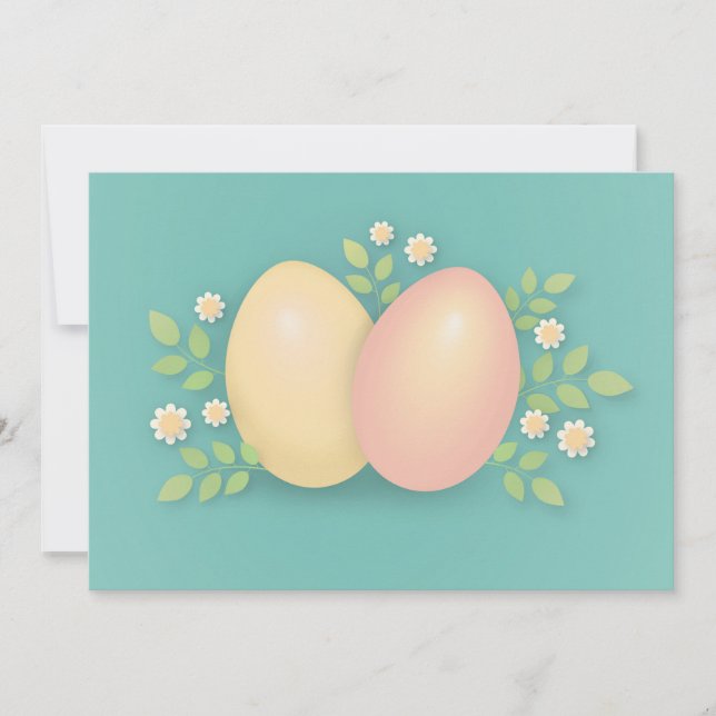 Tarjeta Festiva Felices huevos de Pascua y flores amarillo pálido (Anverso)