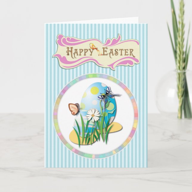Tarjeta Festiva Felices huevos de Pascua y mariposas en franjas az (Anverso)