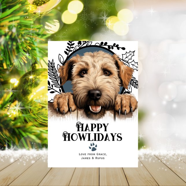 Tarjeta Festiva Felices jornadas en las ruedas de los Navidades de (Happy Howlidays Wheaten Terrier Dog Christmas Holiday Cards by Ricaso. Cute dog breeds holiday cards)