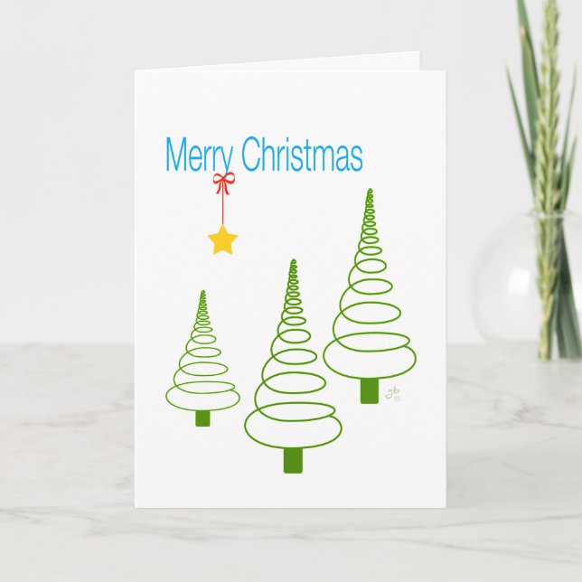 Tarjeta Festiva Felices Navidad, árboles espirales, estrella y (Anverso)