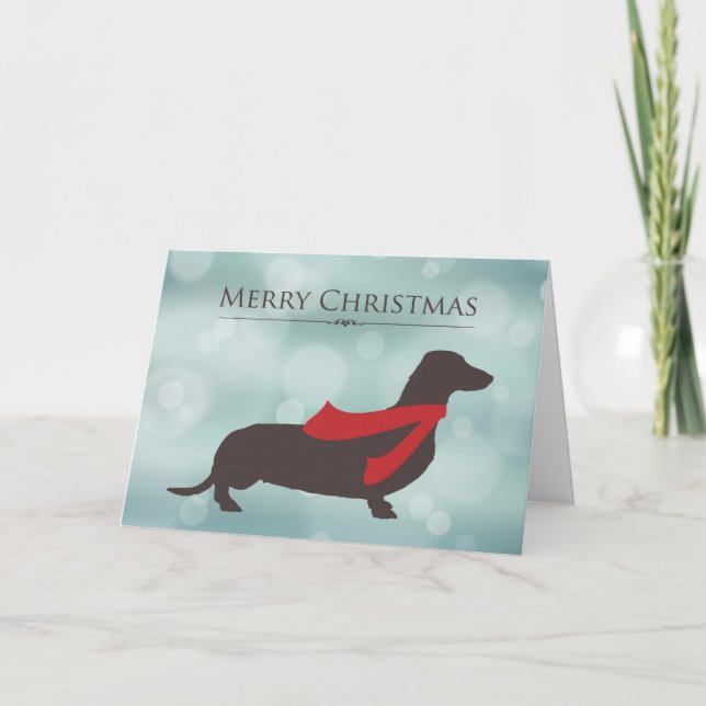 Tarjeta Festiva Felices Navidad, Dachshund en la bufanda roja, (Anverso)