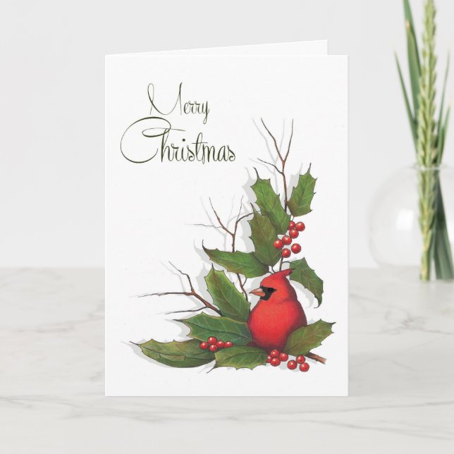 Tarjeta Festiva Felices Navidad, pájaro cardinal rojo, acebo, (Anverso)