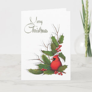 Tarjeta Festiva Felices Navidad, pájaro cardinal rojo, acebo,