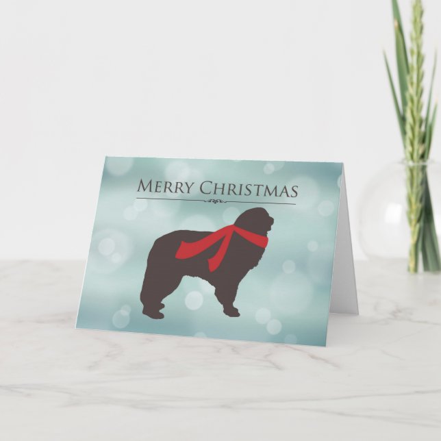 Tarjeta Festiva Felices Navidad, Terranova en la bufanda roja, (Anverso)