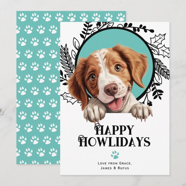 Tarjeta Festiva Felices Navidades Brittany Dog de Howlidays (Anverso / Reverso)