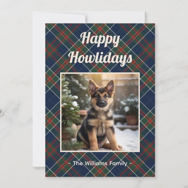 Tarjeta Festiva Felices Navidades de Dog Blue Plaid de Howlidays (Anverso)