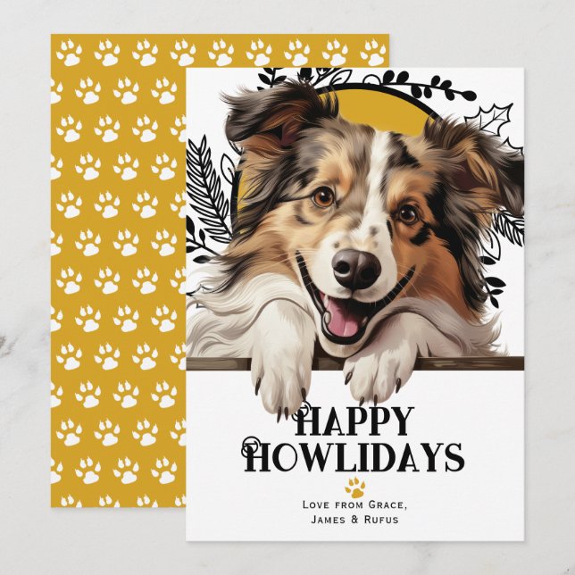 Tarjeta Festiva Felices Navidades de Howlidays Shetland Sheepdog (Anverso / Reverso)