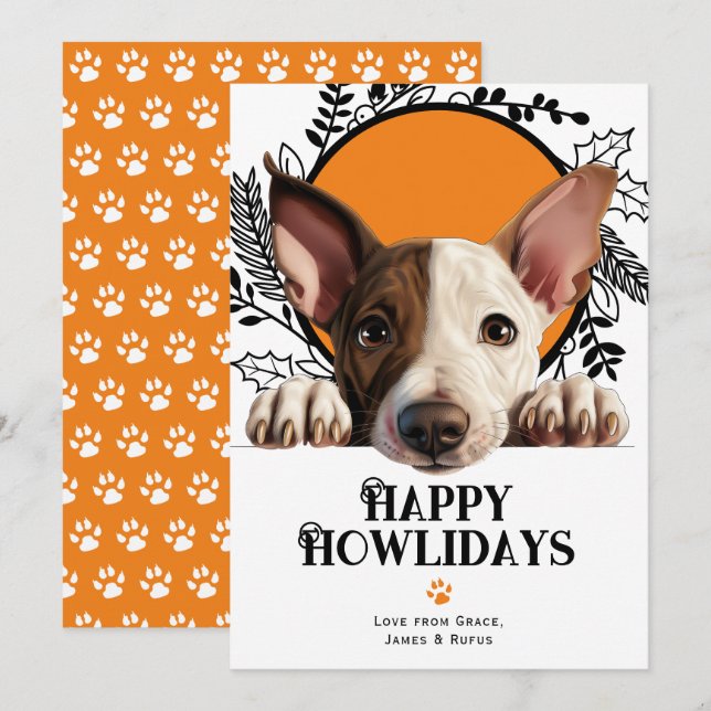 Tarjeta Festiva Felices Navidades de los Bull Terrier en la Minist (Anverso / Reverso)