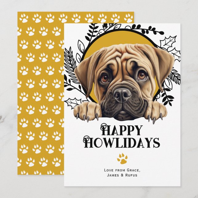Tarjeta Festiva Felices Navidades de Perro Bullmastiff de Howliday (Anverso / Reverso)