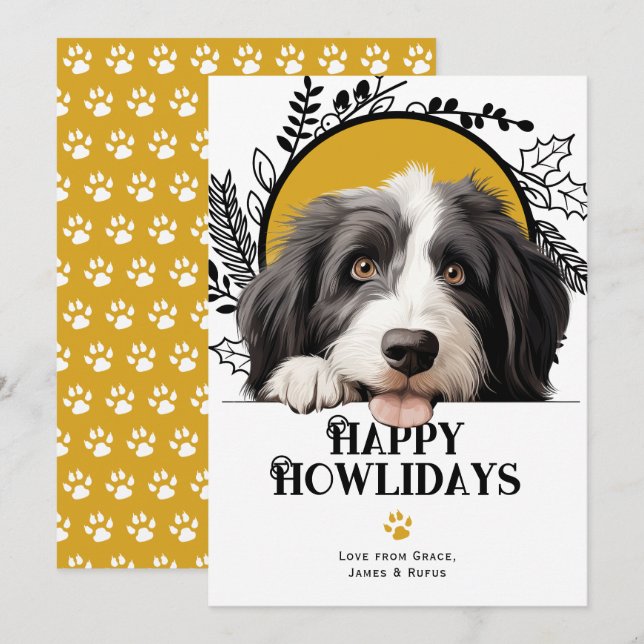 Tarjeta Festiva Felices Navidades de Perro Collie con barba (Anverso / Reverso)