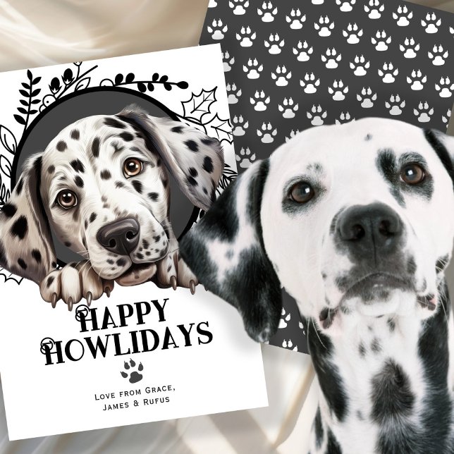 Tarjeta Festiva Felices Navidades de perro de Dalmacia (Happy Howlidays Dalmatian Dog Christmas Holiday Card
by Ricaso. Dally spotty dog cards for xmas)