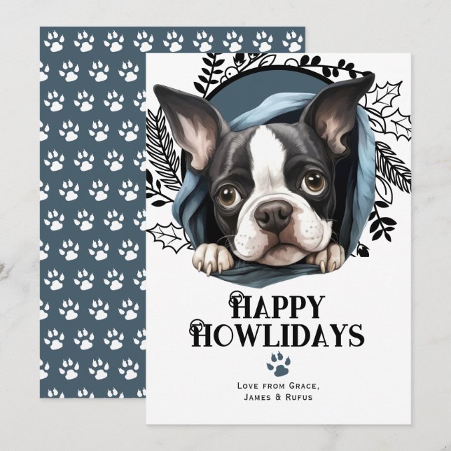 Tarjeta Festiva Felices Navidades de Perro Terrier de Boston (Anverso / Reverso)