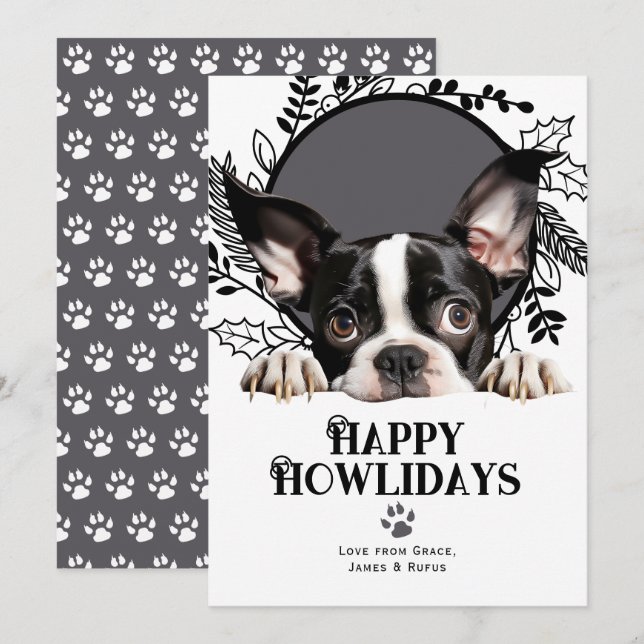 Tarjeta Festiva Felices Navidades de Perro Terrier de Boston (Anverso / Reverso)