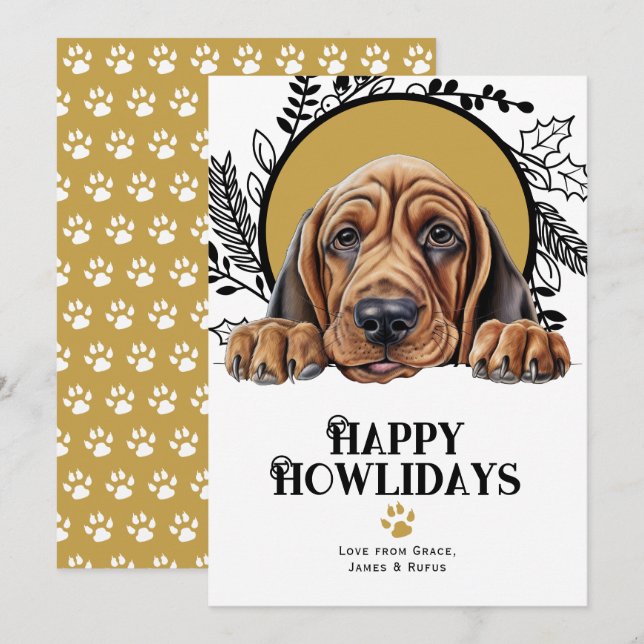 Tarjeta Festiva Felices Navidades de Perros Bloodhound Howlidays (Anverso / Reverso)