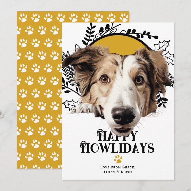 Tarjeta Festiva Felices Navidades de Perros de Borzoi de Howlidays (Anverso / Reverso)
