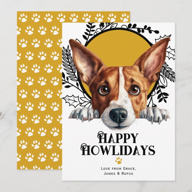 Tarjeta Festiva Felices Navidades de Perros de Howlidays Basenji (Anverso / Reverso)
