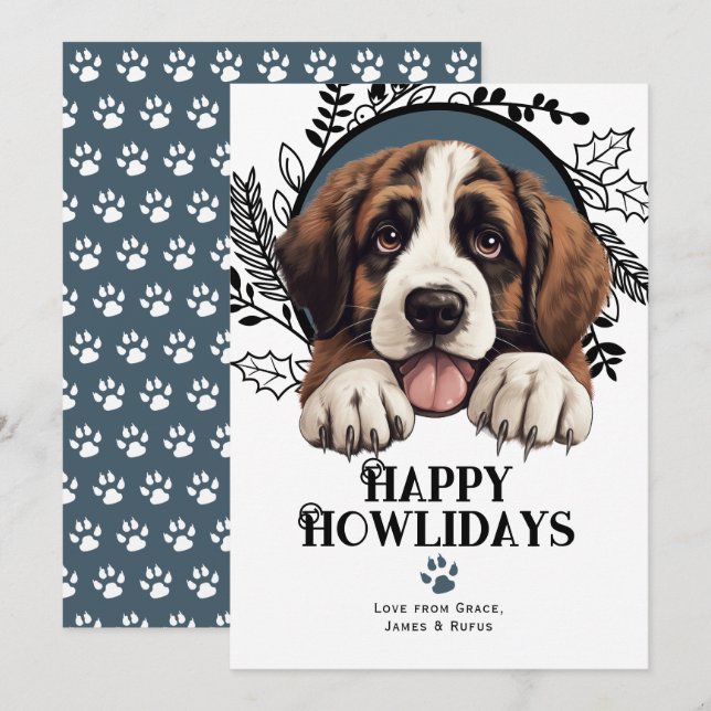 Tarjeta Festiva Felices Navidades de Perros de San Bernardo (Anverso / Reverso)