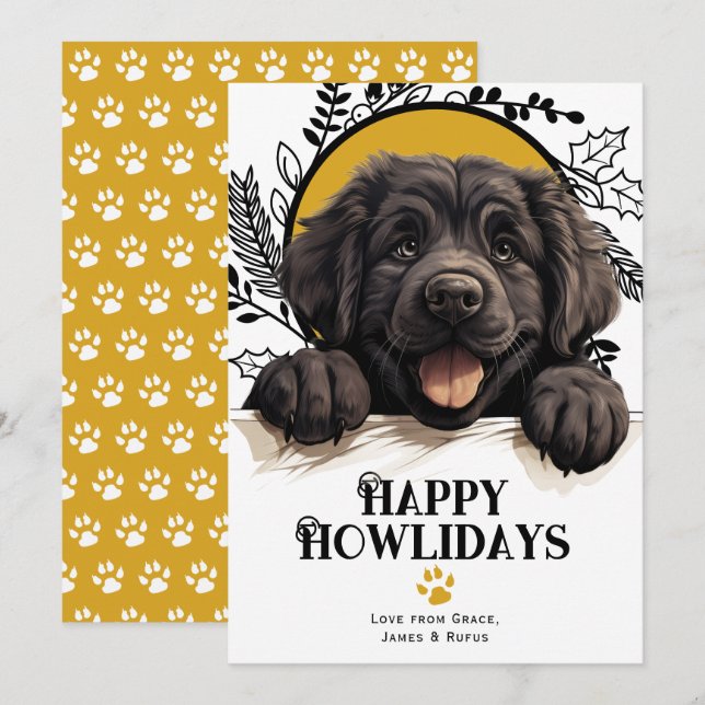 Tarjeta Festiva Felices Navidades de Perros de Terranova (Anverso / Reverso)