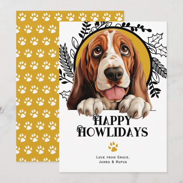 Tarjeta Festiva Felices Navidades de Perros del Hound de Bassett (Anverso / Reverso)