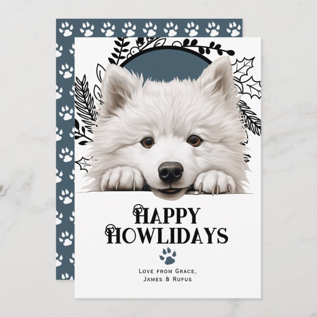 Tarjeta Festiva Felices Navidades de Perros Samoyed de Howlidays (Anverso / Reverso)