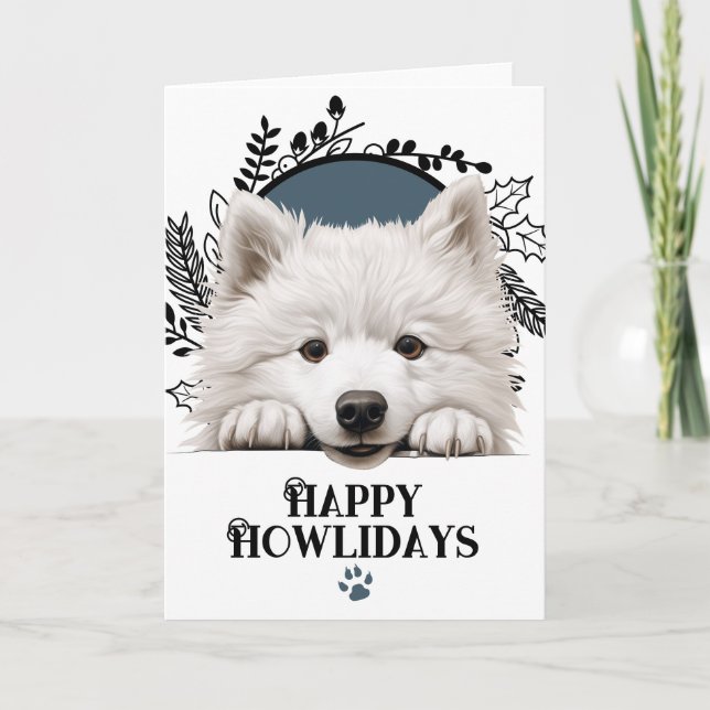 Tarjeta Festiva Felices Navidades de Perros Samoyed de Howlidays (Anverso)