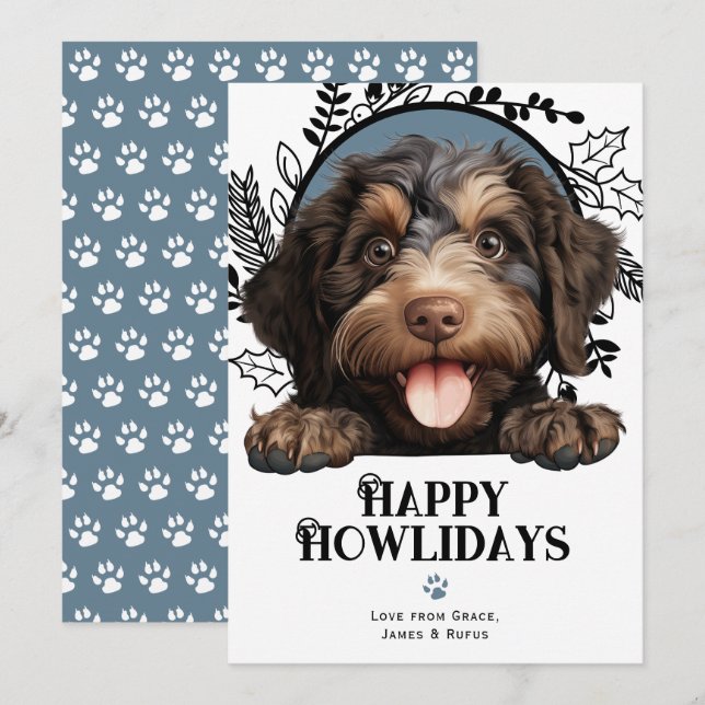 Tarjeta Festiva Felices Navidades del perro Barbet de Howlidays (Anverso / Reverso)