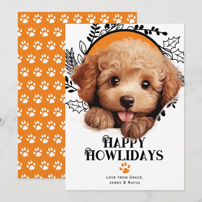 Tarjeta Festiva Felices Navidades del perro caniche de Howlidays (Anverso / Reverso)