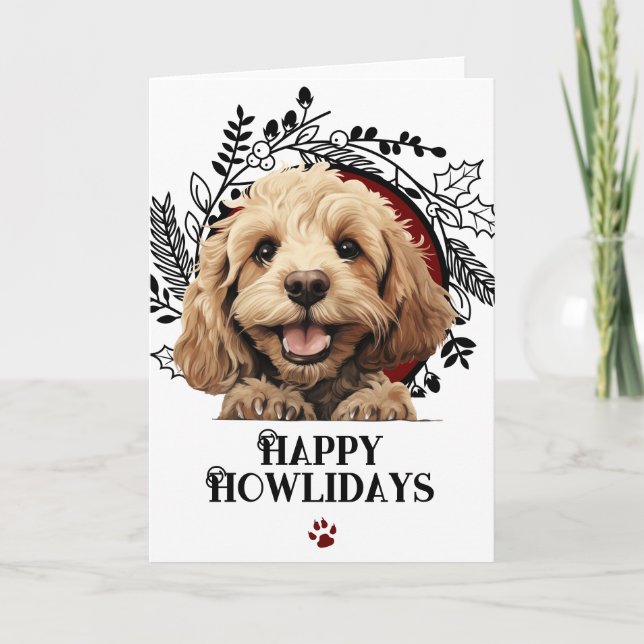 Tarjeta Festiva Felices Navidades del perro Cockapoo de Howlidays (Anverso)