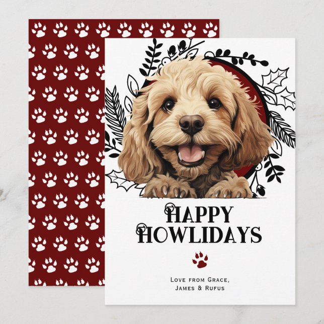 Tarjeta Festiva Felices Navidades del perro Cockapoo de Howlidays (Anverso / Reverso)