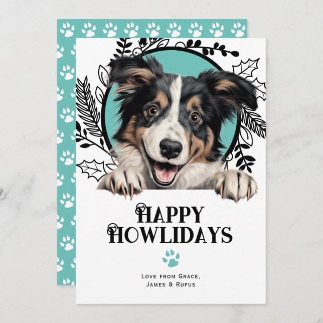 Tarjeta Festiva Felices Navidades del perro Collie de Howlidays (Anverso / Reverso)