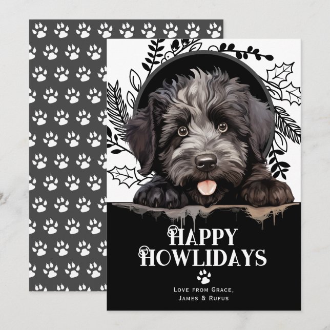 Tarjeta Festiva Felices Navidades del perro de Howlidays bouvier d (Anverso / Reverso)