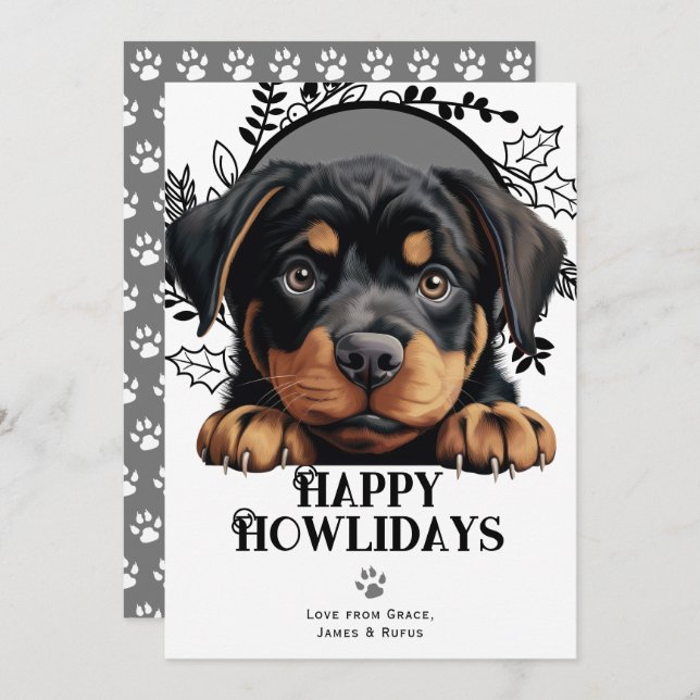 Tarjeta Festiva Felices Navidades del perro Rottweiler de Howliday (Anverso / Reverso)