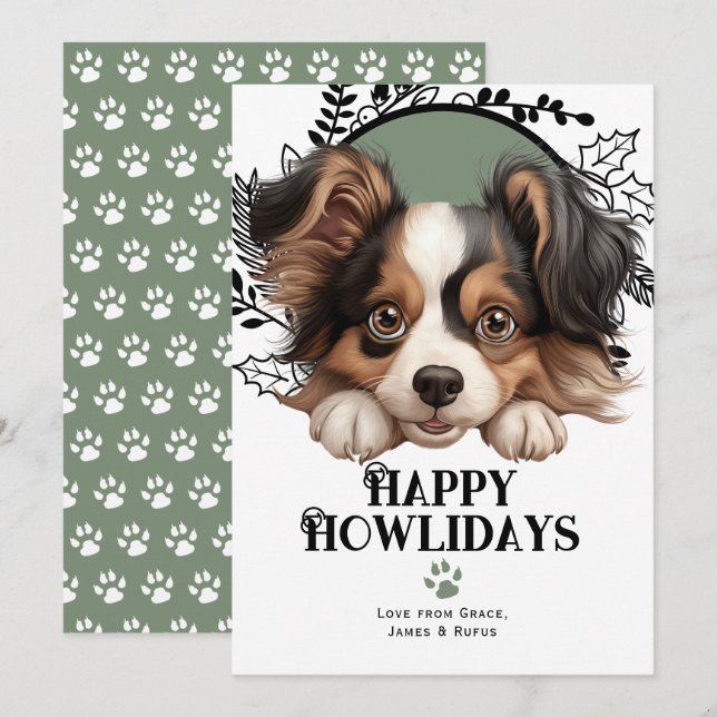 Tarjeta Festiva Felices Navidades Papillon Dog de Howlidays (Anverso / Reverso)