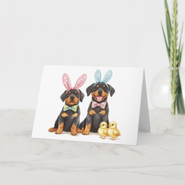 Tarjeta Festiva Felices Orejas de Conejo de Rottweiler de Pascua (Anverso)