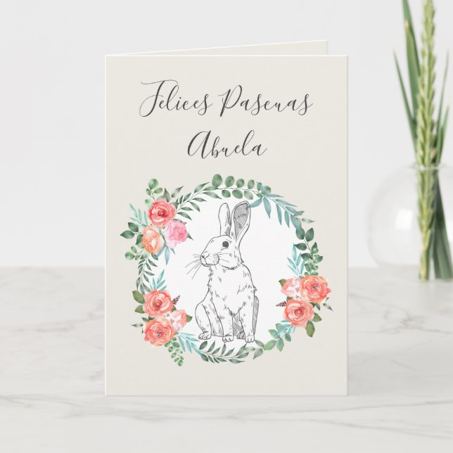 Tarjeta Festiva Felices Pascuas Bunny Floral Boho Marfil Español (Anverso)