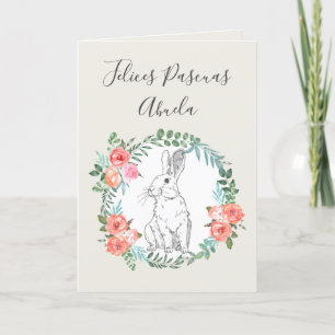 Tarjeta Festiva Felices Pascuas Bunny Floral Boho Marfil Español