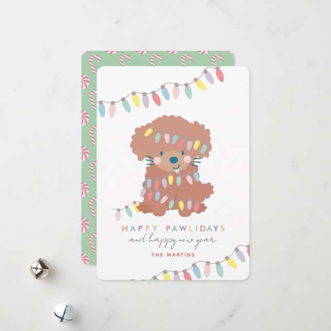 Tarjeta Festiva Felices Pawlidays Toy Poodle Puppy Navidades Luces (Anverso/Reverso In Situ)