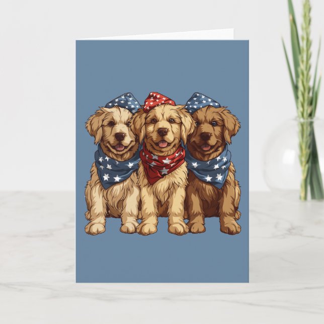 Tarjeta Festiva Felices Perros De Golden Retriever Del 4 De Julio (Anverso)