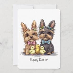 Tarjeta Festiva Felices Perros Terrier de Yorkshire en Pascua