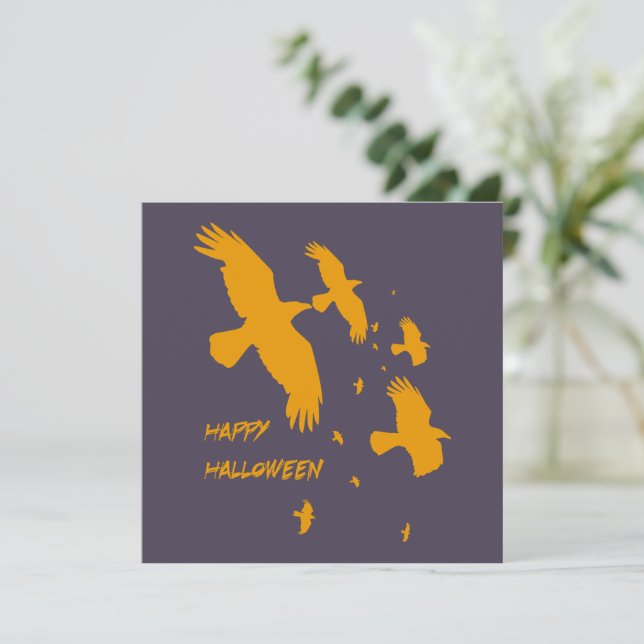 Tarjeta Festiva Felices Ravens De Halloween En Silhouette De Vecto (Anverso de pie)