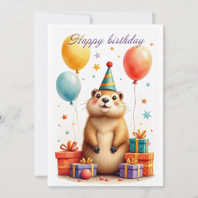 Tarjeta Festiva Felices saludos de cumpleaños de una linda marmota (Anverso)