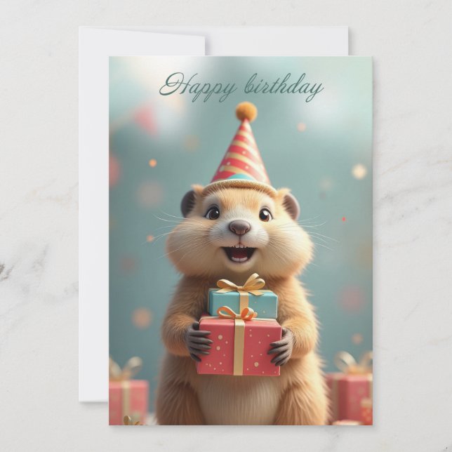 Tarjeta Festiva Felices saludos de cumpleaños de una linda marmota (Anverso)